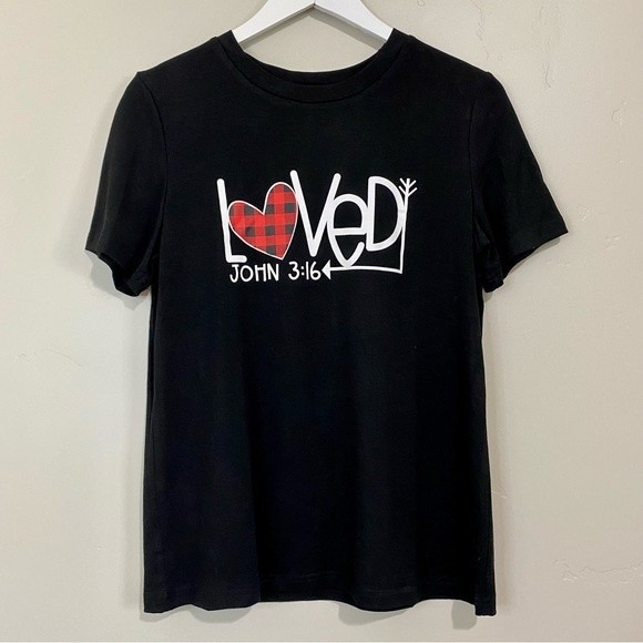 Women’s Loved John 3:16 Graphic Tee Short Sleeve Black Size Small NWOT Faith - Picture 1 of 5